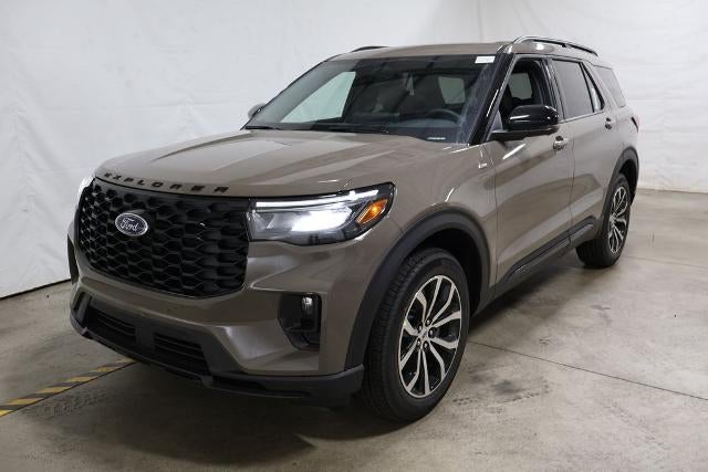 2026 Ford Explorer ST-Line in Marsh Gray — front three-quarter view