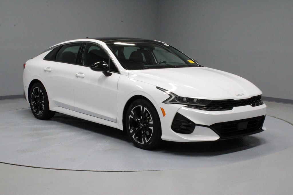 2022 Kia K5 GT-Line in Glacial White Pearl — front three-quarter view