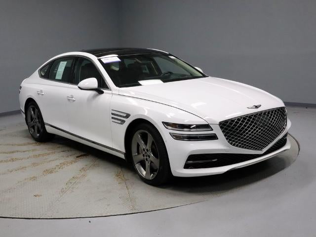 2021 Genesis G80 3.5T in Alta White — front three-quarter view